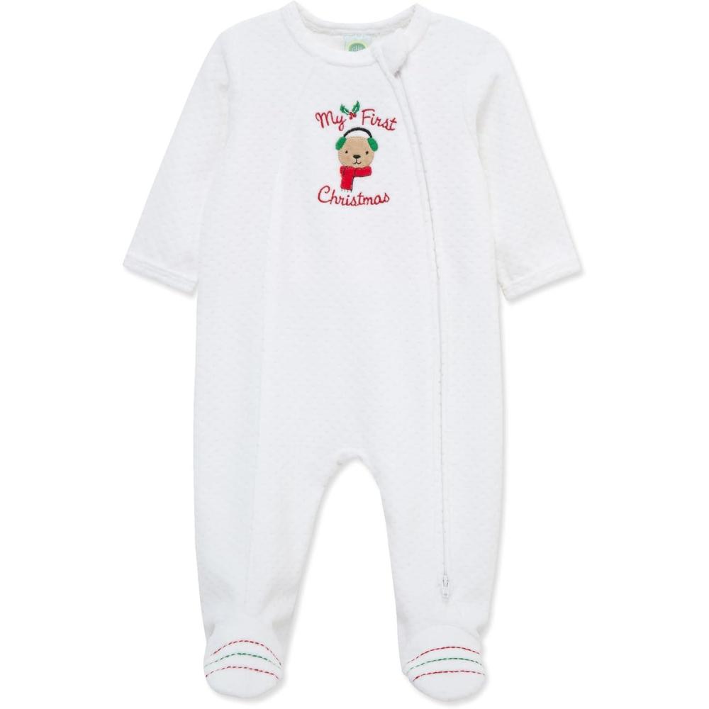 imageLittle Me Clothes for Baby Boys and Girls Holiday Footies Rompers Sleepers Newborn to 6 MonthsWhite Merry Bear