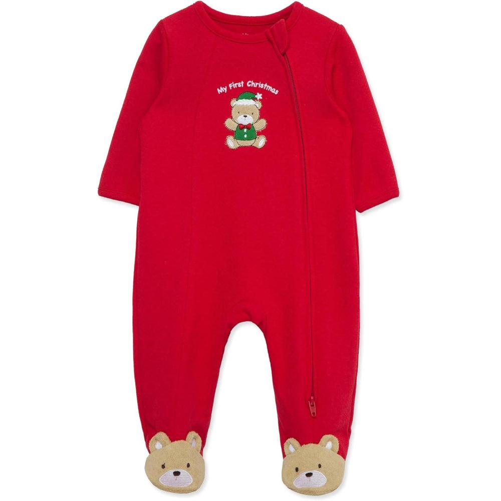 imageLittle Me Clothes for Baby Boys and Girls Holiday Footies Rompers Sleepers Newborn to 6 MonthsXmas Red Holiday Bear