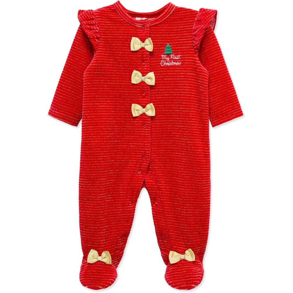 imageLittle Me Clothes for Baby Boys and Girls Holiday Footies Rompers Sleepers Newborn to 6 MonthsXmas RedGold