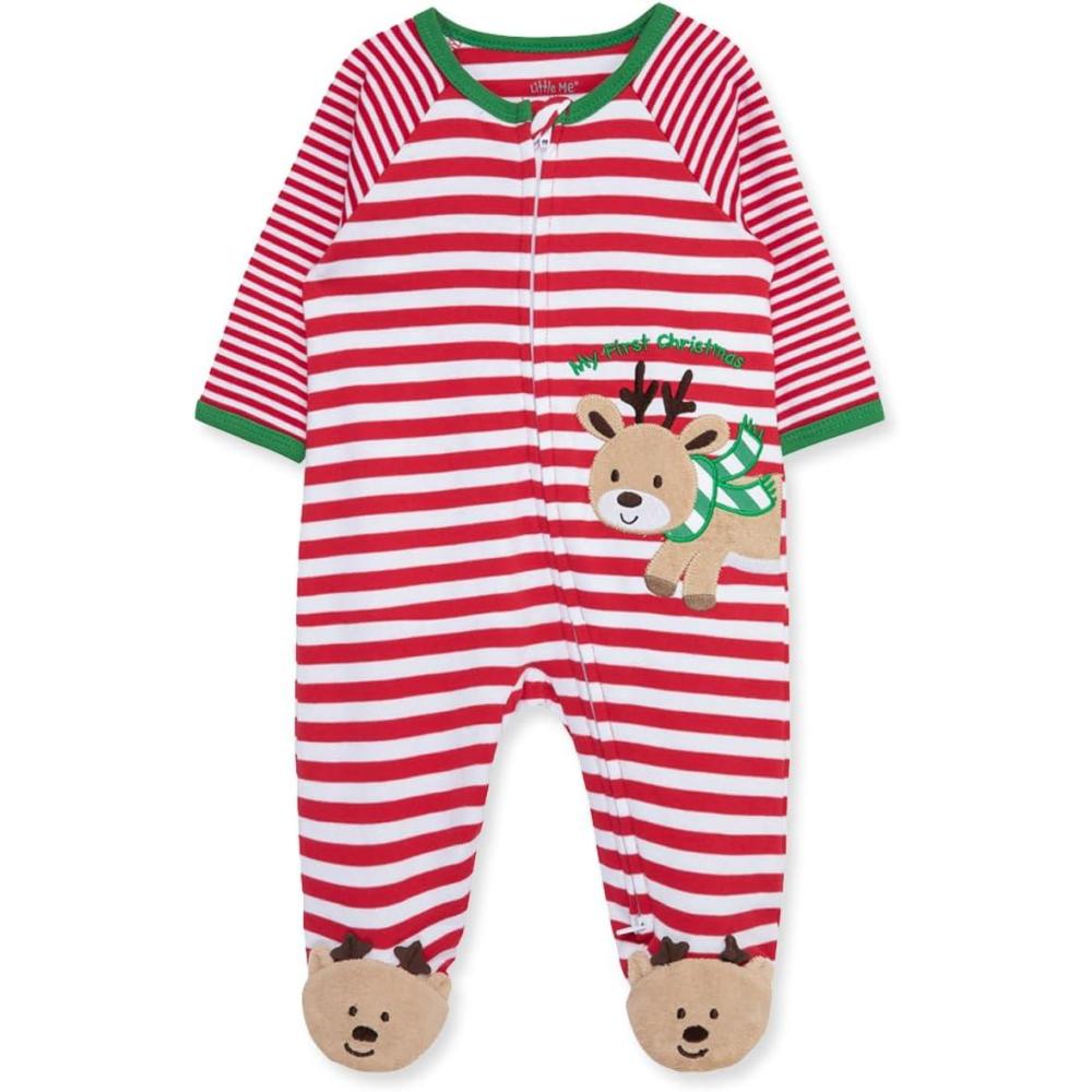 imageLittle Me Clothes for Baby Boys and Girls Holiday Footies Rompers Sleepers Newborn to 6 MonthsXmas RedWhiteMulticolor