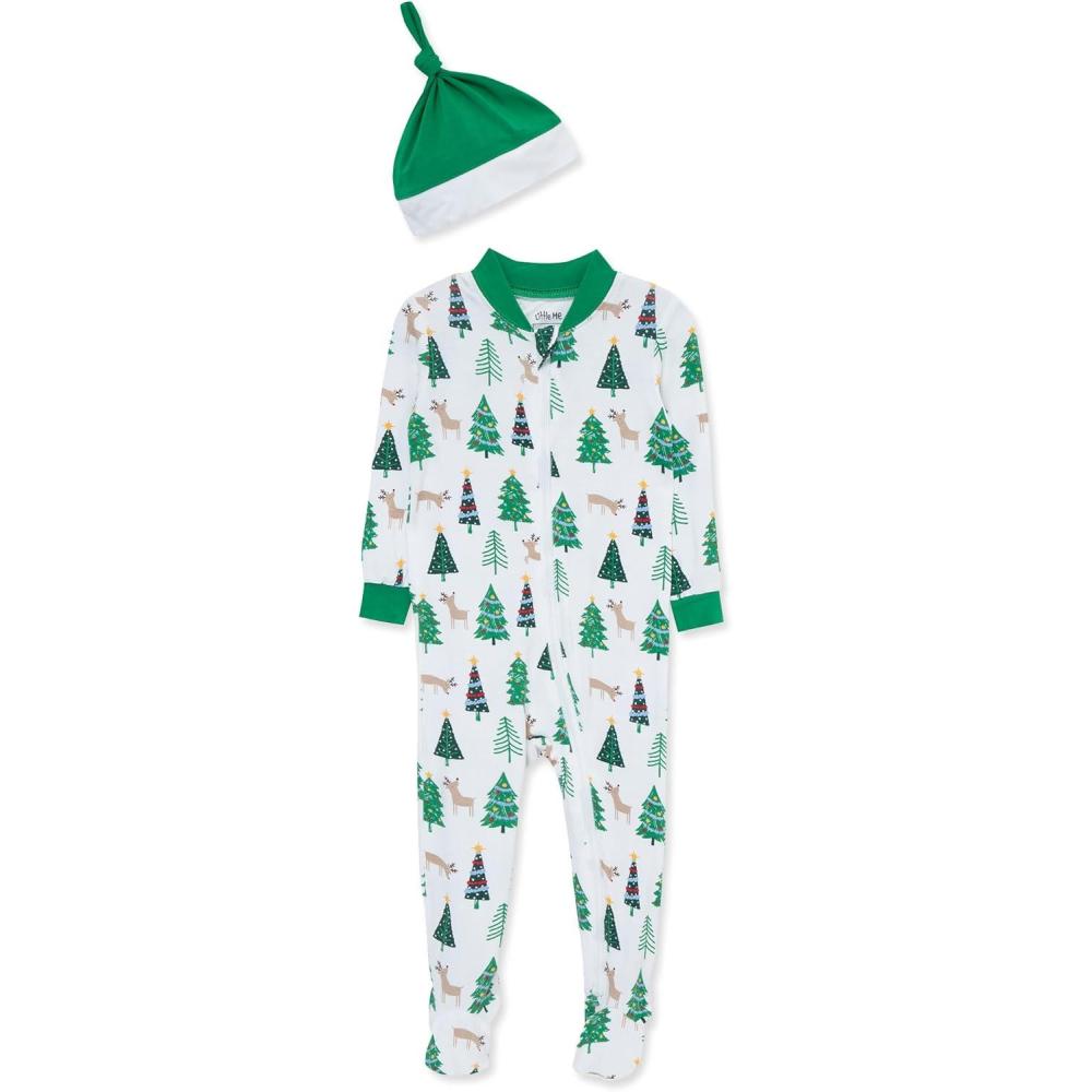 imageLittle Me Clothes for Baby Boys and Girls Holiday Footies and Cap Set Romper Sleeper Newborn to 18 MonthsBright White Green Tree
