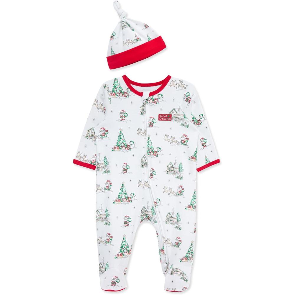 imageLittle Me Clothes for Baby Boys and Girls Holiday Footies and Cap Set Romper Sleeper Newborn to 18 MonthsWhiteXmas RedMulticolor
