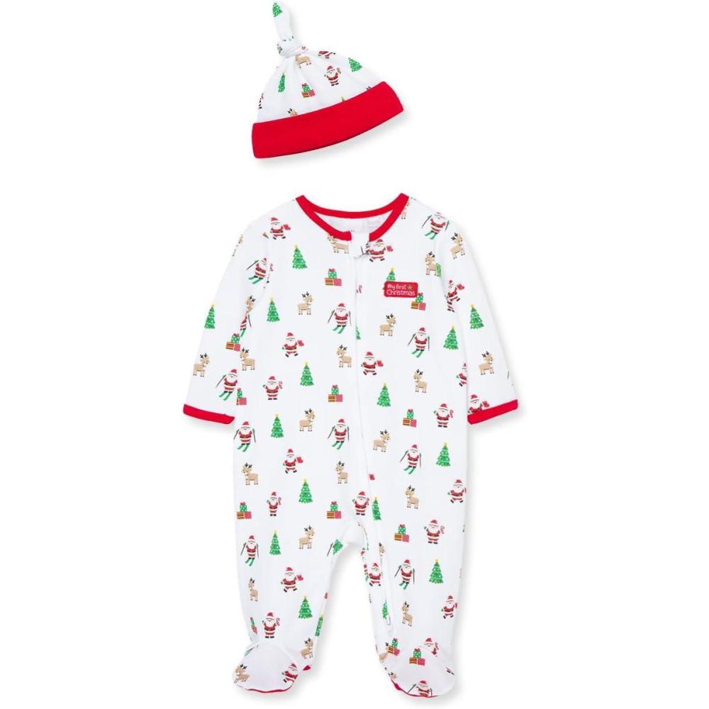 imageLittle Me Clothes for Baby Skiing Santa Footie and Cap Set Romper Sleeper Newborn