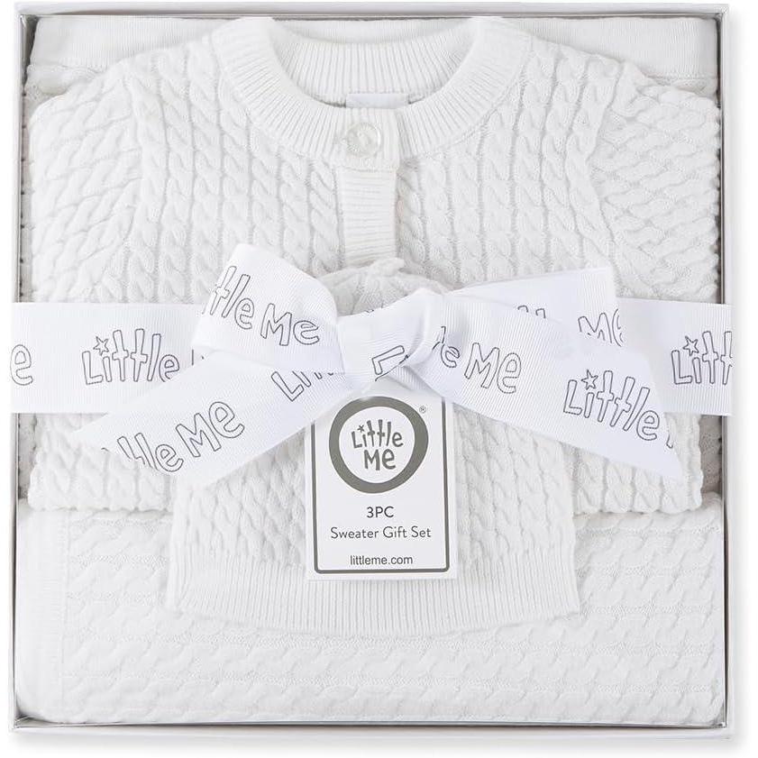 imageLittle Me Clothes for Baby Sweater Gift Set Matching Sweater and Blanket Baby Essentials Baby Shower Gifts 3 to 9 MonthsBright White