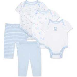 Little Me Clothes for Baby Boys’ and Girls’ 100% Organic Cotton 5PC Bodysuit and Pant Set, Baby Shower Essentials, NB to 9M(Blue)
