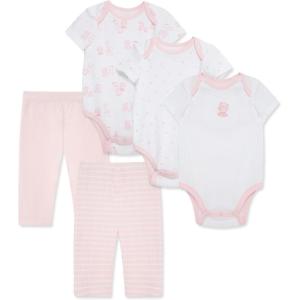 Little Me Clothes for Baby Boys’ and Girls’ 100% Organic Cotton 5PC Bodysuit and Pant Set, Baby Shower Essentials, NB to 9M(Pink)