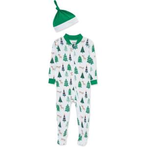 Little Me Clothes for Baby Boys’ and Girls’ Holiday Footies and Cap Set Romper Sleeper, Newborn to 18 Months(Bright White Green Tree)