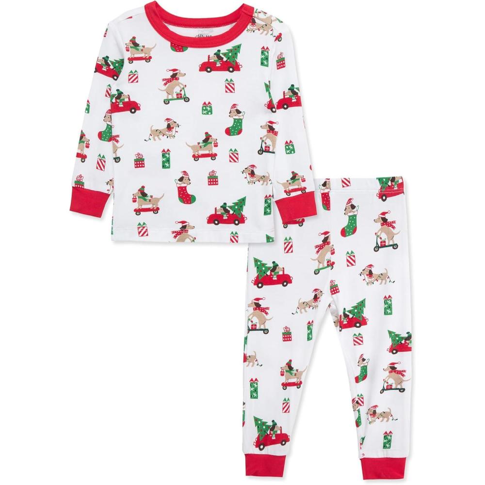 imageLittle Me Baby Boys and Girls Christmas Holiday Santa Print Pajamas 12M to 4TBright WhiteLipstick Red Puppy