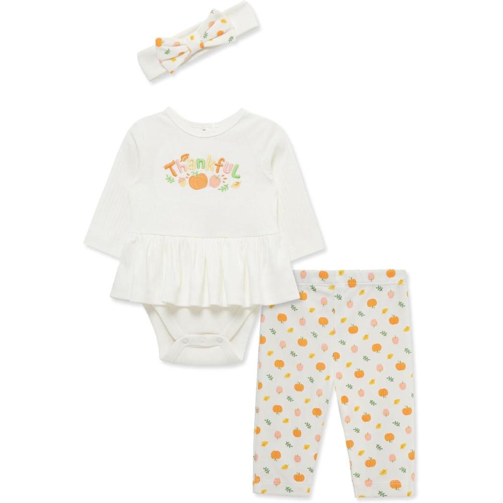 imageLittle Me Baby Girls 3Pc 100 Cotton Bodysuit Matching Headband and Pant Set 3 Months to 24 MonthsMulticolor Thankful