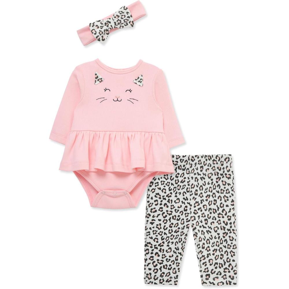 imageLittle Me Baby Girls 3Pc 100 Cotton Bodysuit Matching Headband and Pant Set 3 Months to 24 MonthsPink Leopard