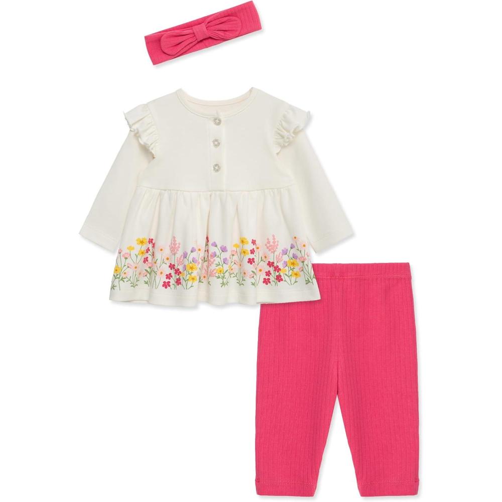 imageLittle Me Baby Girls 3Piece 100 Cotton Tunic Legging and Headband Set 3 Months to 24 MonthsCarmineWhisper White Floral