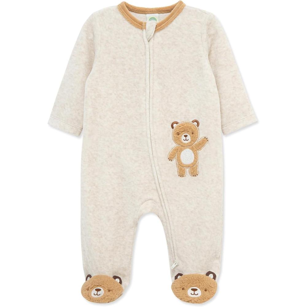imageLittle Me Clothes for Baby Boys and Girls Velour Footie Sleeper RompersOatmeal Heather Fuzzybear
