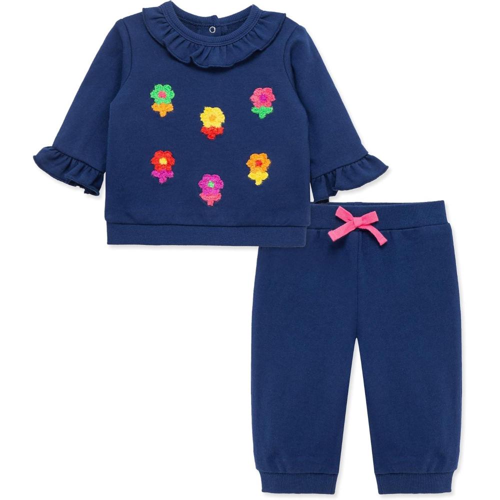 imageLittle Me Clothes for Baby Girls 100 Cotton Active Set Pull on Pants and Sweater 3 Months to 12 MonthsBlue Depths Flowers