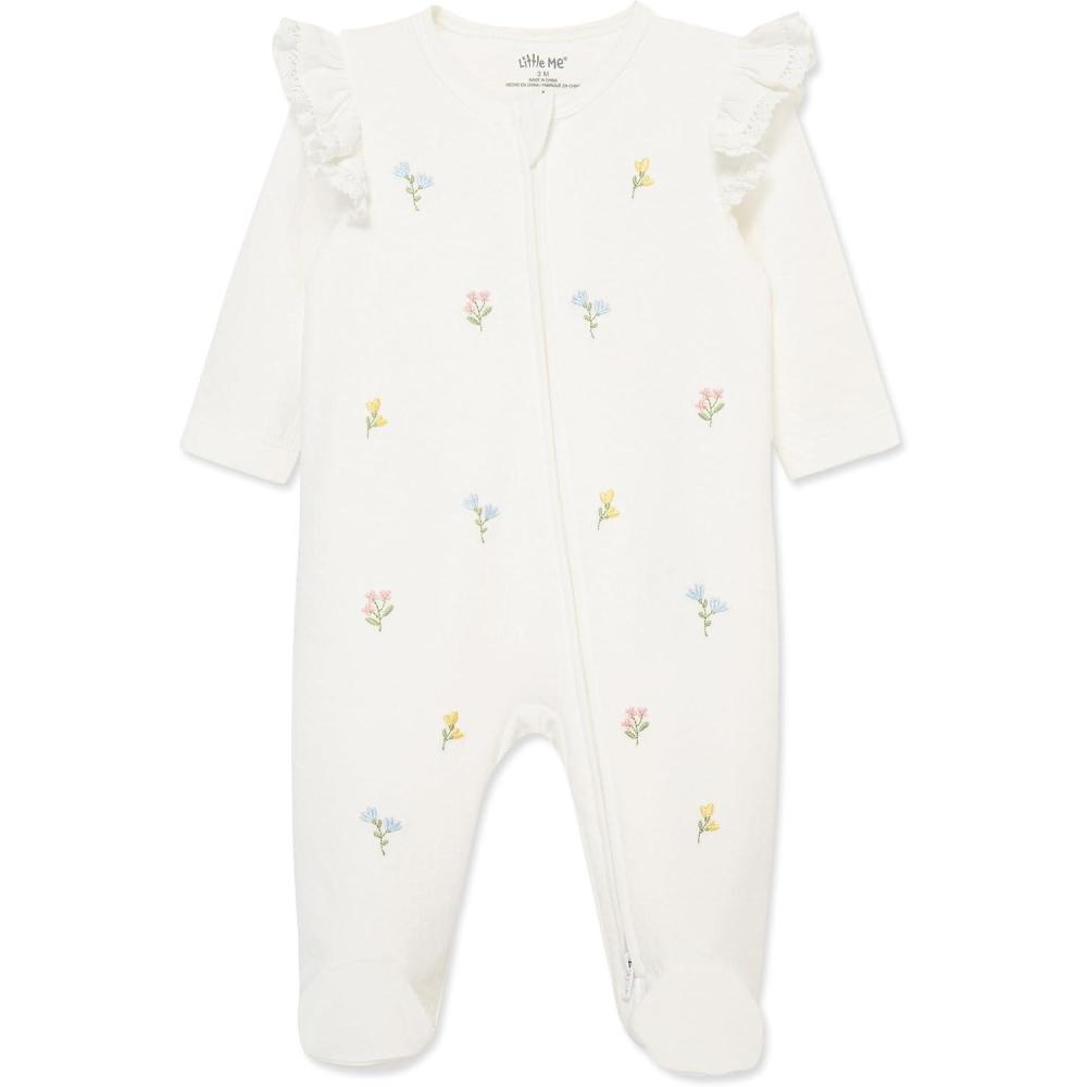 imageLittle Me Clothes for Baby Girls 100 Cotton ScratchFree Tag Footie Sleeper Preemie to 9 MonthsFlora White
