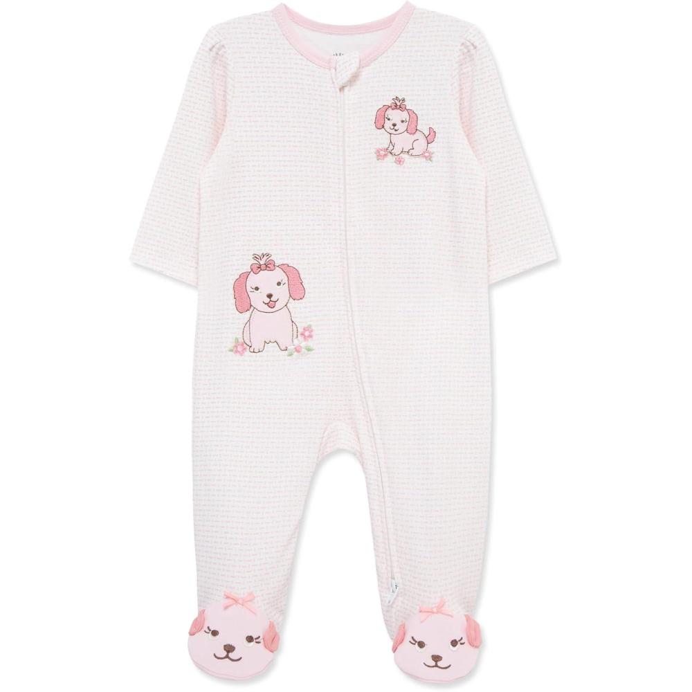 imageLittle Me Clothes for Baby Girls 100 Cotton ScratchFree Tag Footie Sleeper Preemie to 9 MonthsPink Pups