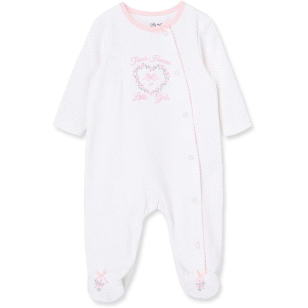 imageLittle Me Clothes for Baby Girls 100 Cotton ScratchFree Tag Footie Sleeper Preemie to 9 MonthsWhiteLight Pink Dots