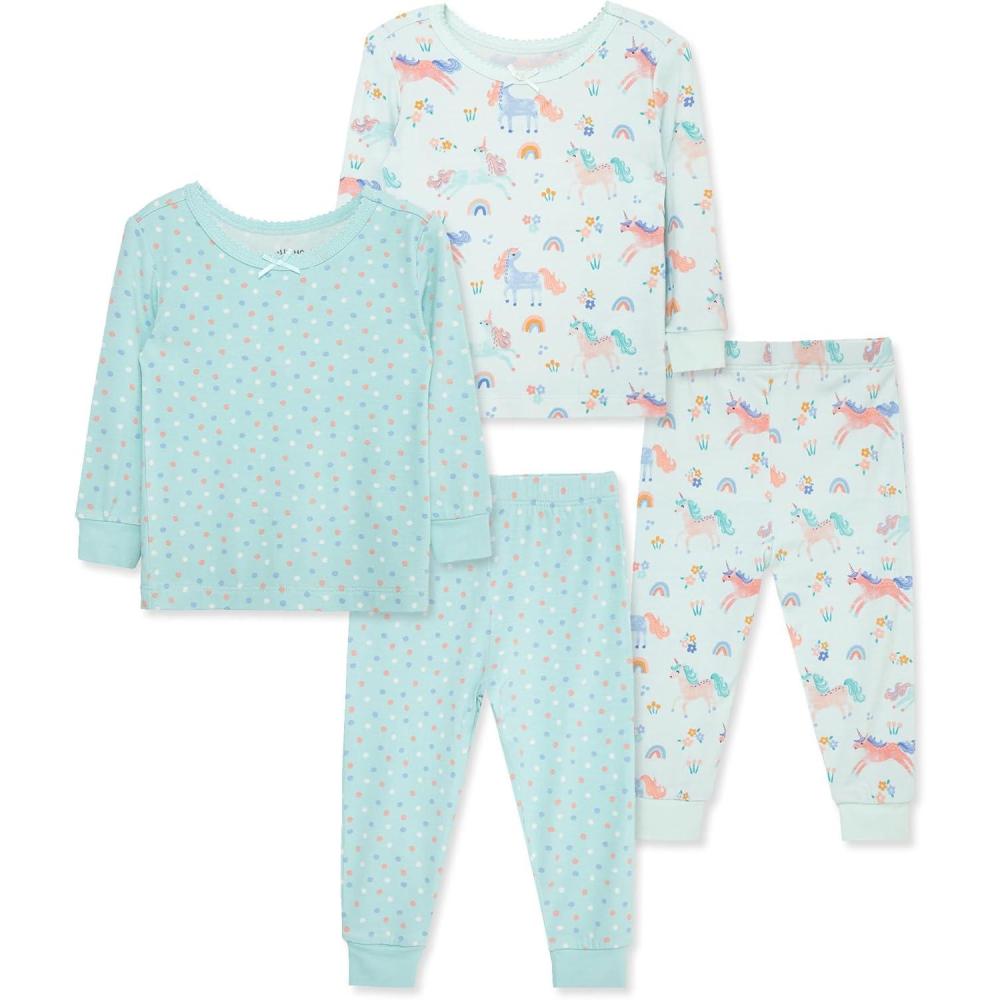 imageLittle Me Clothes for Baby Girls 2Pack Pajama Set 2 Long Sleeve Tops and 2 Bottoms 12 Months 4ToddlerAqua GlassEggshell Blue