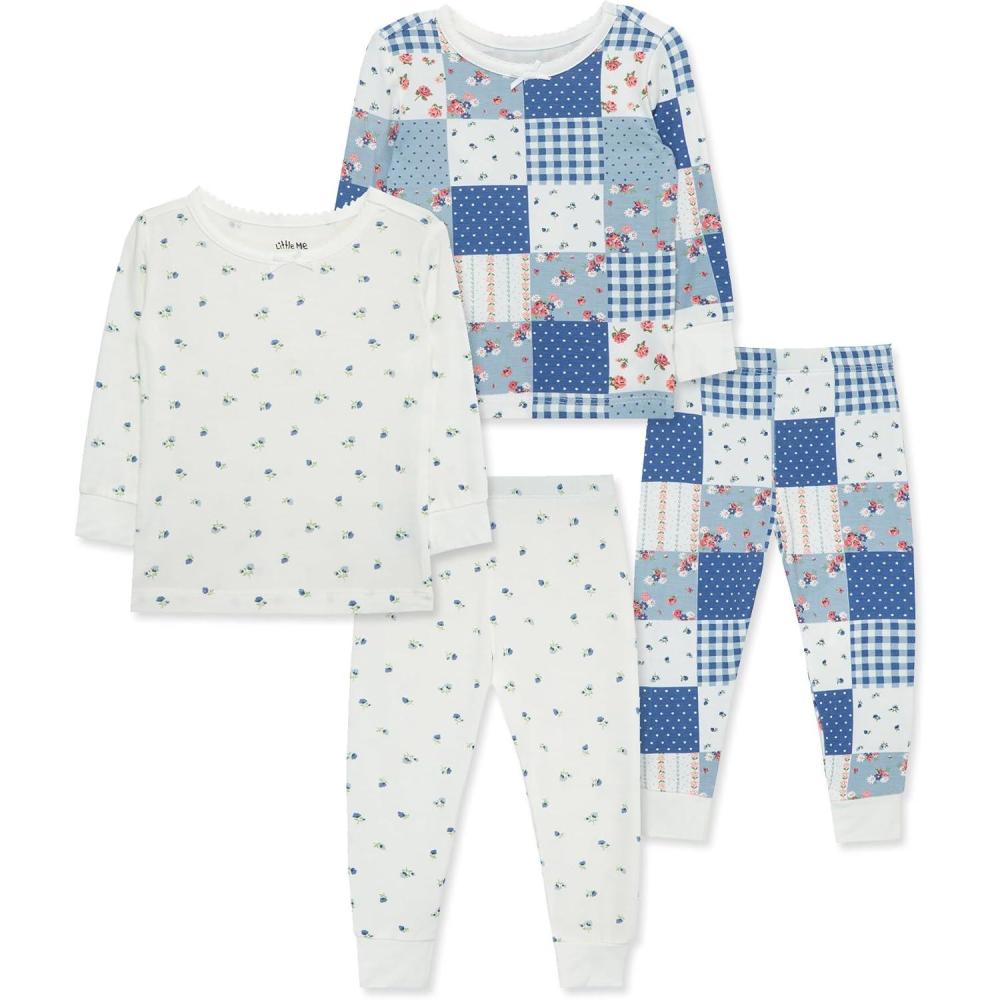 imageLittle Me Clothes for Baby Girls 2Pack Pajama Set 2 Long Sleeve Tops and 2 Bottoms 12 Months  4ToddlerMultiWhisper White