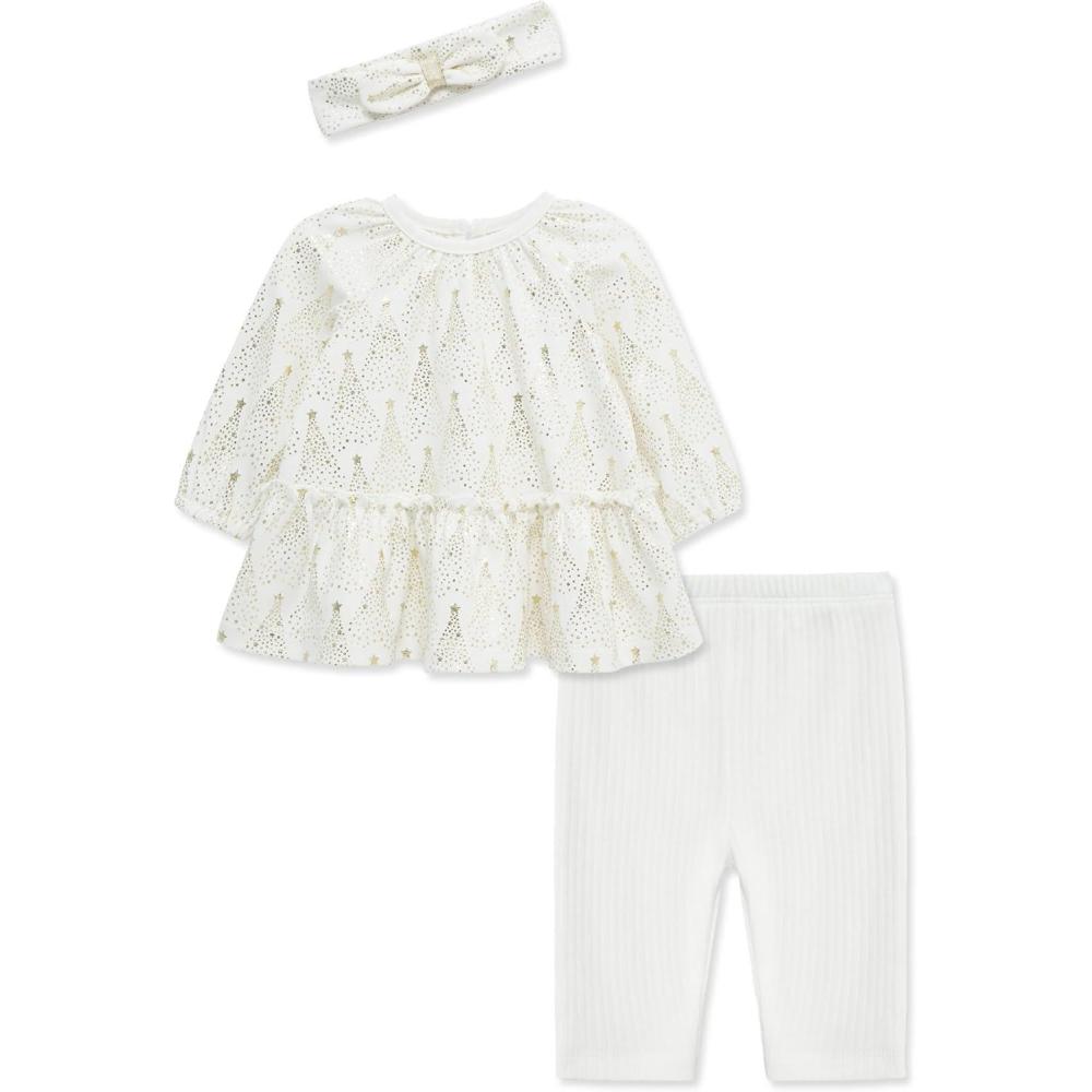 imageLittle Me Clothes for Baby Girls 3Pc Christmas Holiday Holly Headband Tunic and Coordinating Legging Set 3 to 24 MonthsMarshmallowGold Trees