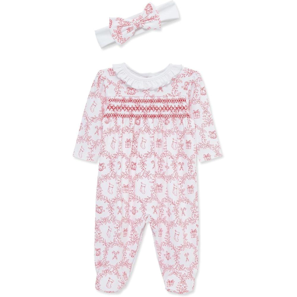 imageLittle Me Clothes for Baby Girls Footie and Headband Newborn 9 MonthsWhiteXmas Red Festive