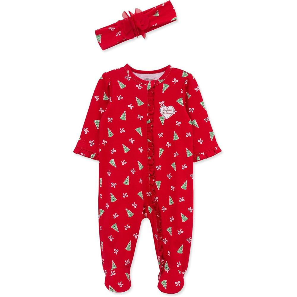 imageLittle Me Clothes for Baby Girls Footie and Headband Newborn 9 MonthsXmas RedMulticolor