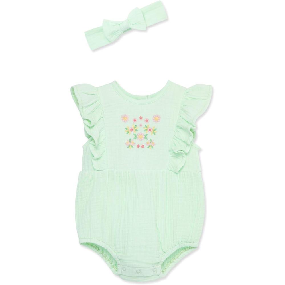 imageLittle Me Clothes for Baby Girls Gauze Bubble Romper and Headband Set 312 MonthsGreen