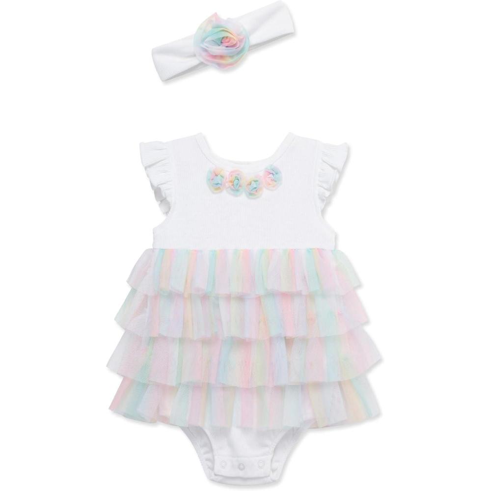 imageLittle Me Clothes for Baby Girls Popover Bodysuit Dress and Headband Set 312 MonthsRainbow