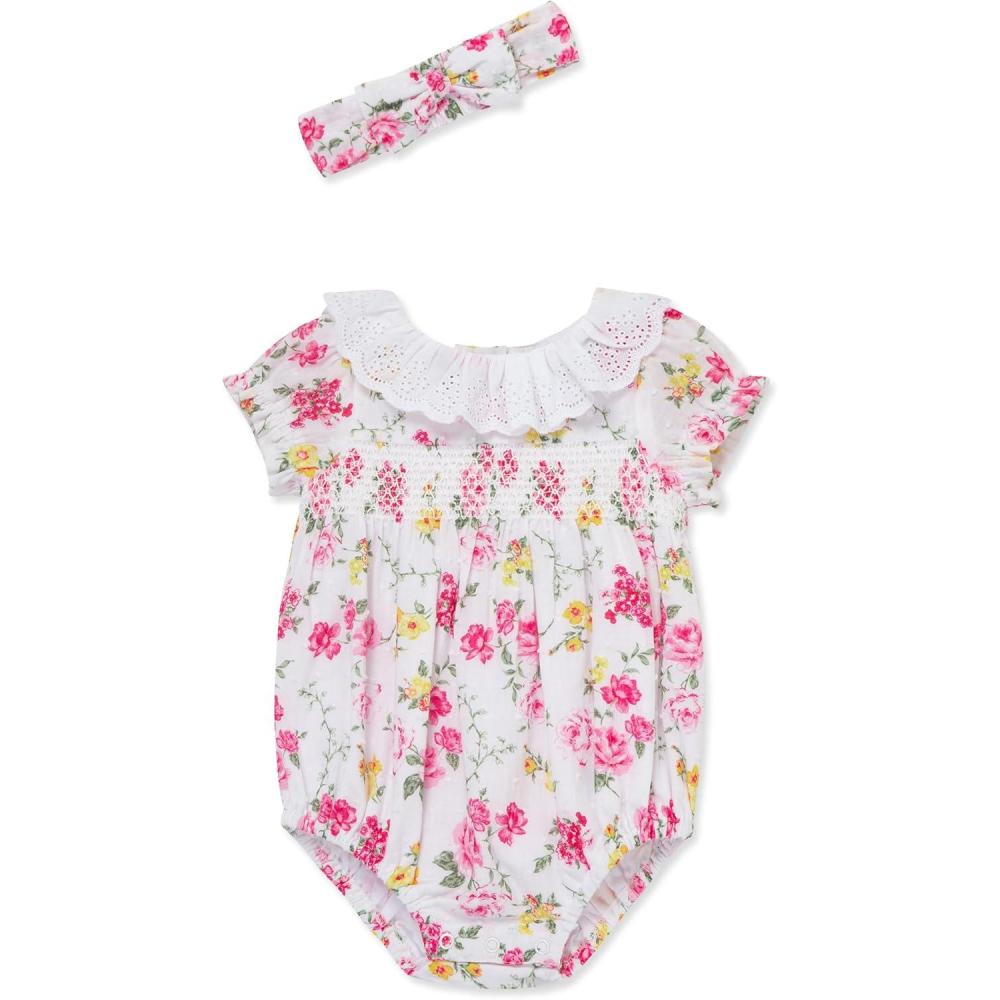 imageLittle Me Clothes for Baby Girls Woven Romper and Headband Set 312 MonthsBright WhitePrism Pink