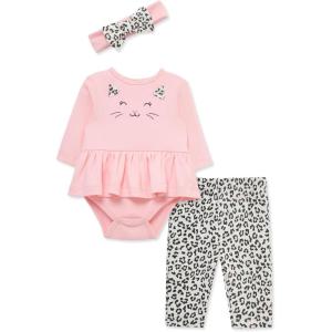 Little Me Baby Girls’ 3-Pc 100% Cotton, Bodysuit, Matching Headband and Pant Set, 3 Months to 24 Months(Pink Leopard)