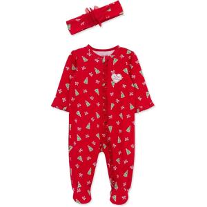 Little Me Clothes for Baby Girls’ Footie and Headband, Newborn – 9 Months(Xmas Red/Multicolor)