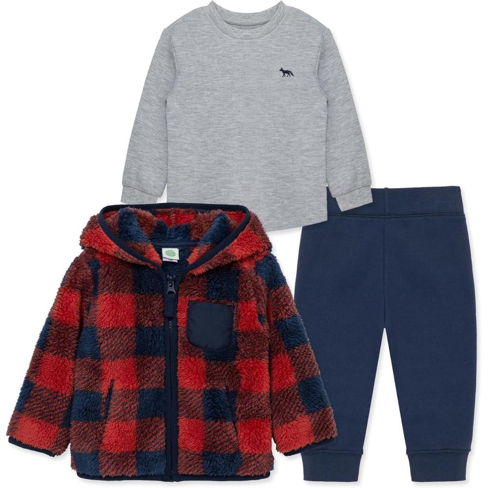 imageLittle Me Baby Clothes for Baby Boys and Girls 3Piece Sherpa Set Jacket Shirt and Pant Sets 12 Months to 4 ToddlerRed OchreDress Blue