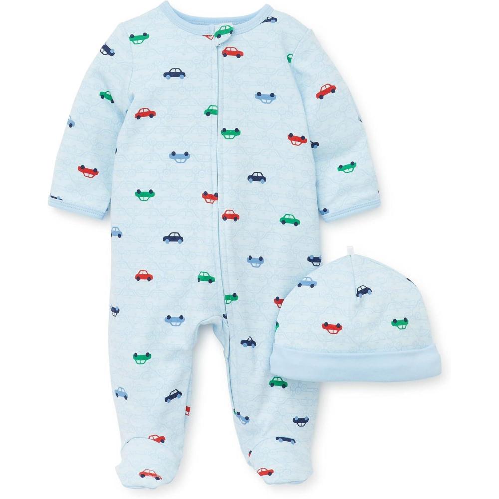 imageLittle Me Baby Boy Clothes 2Piece Baby Sleeper and Cap Set 100 Cotton Footies with Full 2way Zipper and Scratch Free Tags Baby Essentials 9 months Blue Cars