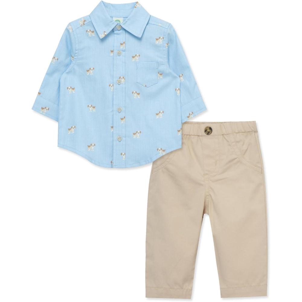 imageLittle Me Clothes for Baby Boys Woven Pant and Shirt Set 3 Months 4TOyster GreyBlue Bell