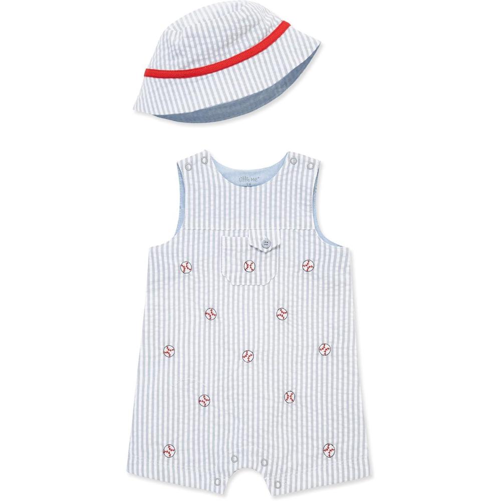 imageLittle Me babyboys 2piece Seersucker Sunsuit Swim Essentials Playwear and Hat SetGrey Baseball
