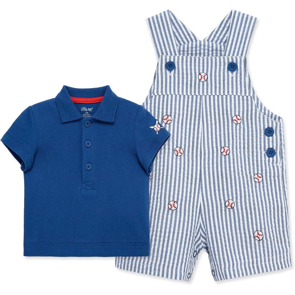 imageLittle Me Baby Boy Shortall Set 2Piece Tee Shirt and Overall Shorts Cute and Comfy OutfitsBlue QuartzWhite