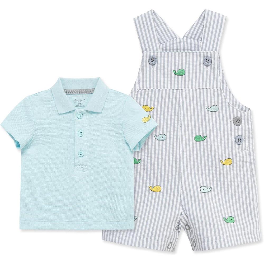 imageLittle Me Baby Boy Shortall Set 2Piece Tee Shirt and Overall Shorts Cute and Comfy OutfitsGrey