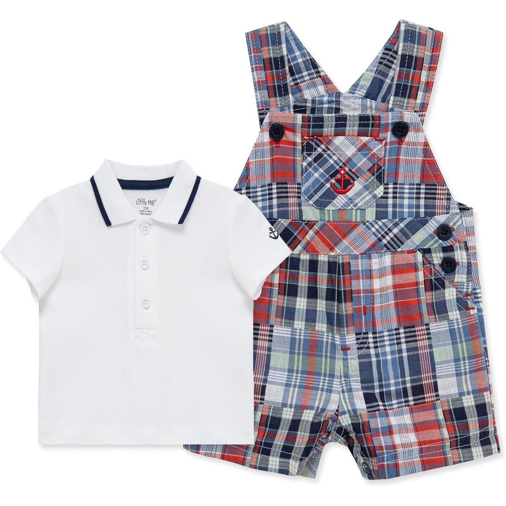imageLittle Me Baby Boy Shortall Set 2Piece Tee Shirt and Overall Shorts Cute and Comfy OutfitsPlaid Patchwork
