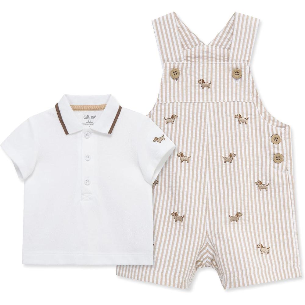imageLittle Me Baby Boy Shortall Set 2Piece Tee Shirt and Overall Shorts Cute and Comfy OutfitsTan Puppies