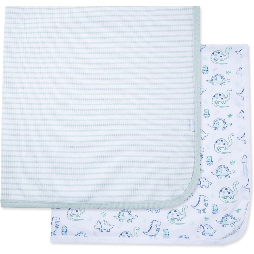 imageLittle Me Clothes for Baby Boys Dino 2 Pack Receiving Blanket Green Dino One Size