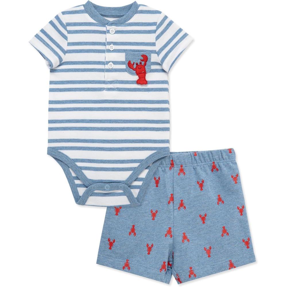 imageLittle Me Clothes for Baby Boys Knit Short and Bodysuit Set 3 Months 12 MonthsMed Denim Heather