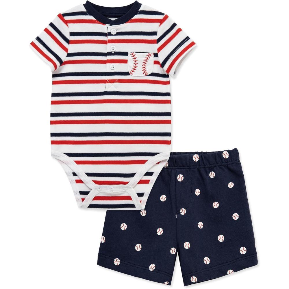 imageLittle Me Clothes for Baby Boys Knit Short and Bodysuit Set 3 Months 12 MonthsPeacoatTrue Red