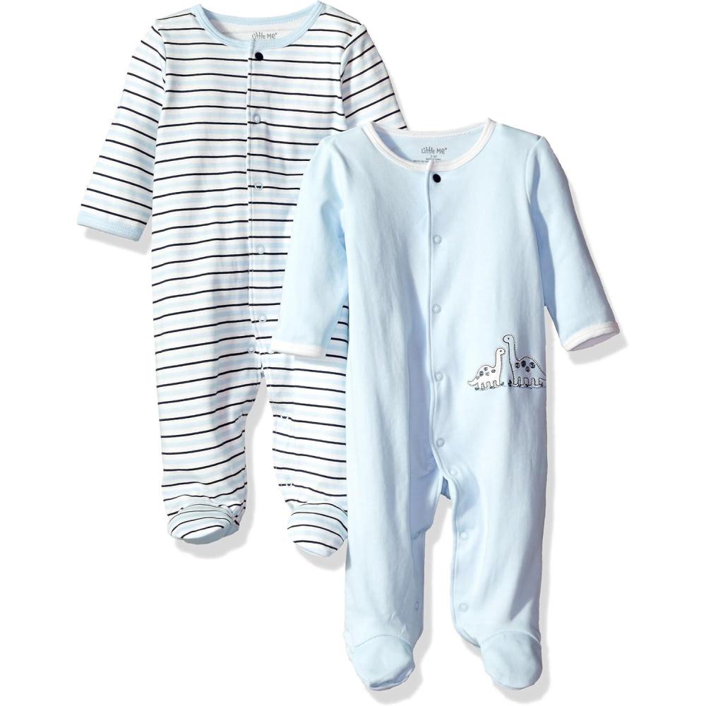 imageLittle Me Clothes for Baby Boys and Girls 100 Cotton ScratchFree Tag Footed 2Pack Rompers Sleeper Preemie to 9 MonthsBlue Stripe