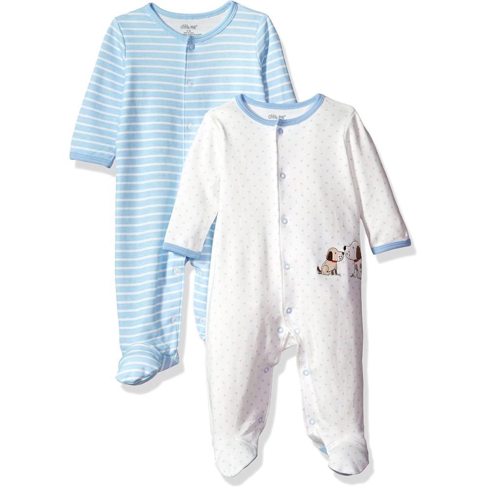 imageLittle Me Clothes for Baby Boys and Girls 100 Cotton ScratchFree Tag Footed 2Pack Rompers Sleeper Preemie to 9 MonthsLight Blue Stripe
