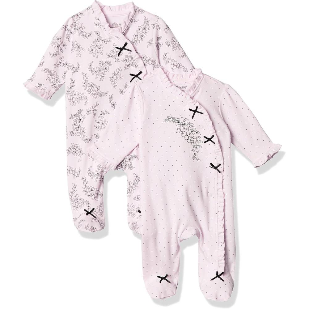 imageLittle Me Clothes for Baby Boys and Girls 100 Cotton ScratchFree Tag Footed 2Pack Rompers Sleeper Preemie to 9 MonthsPink Floral