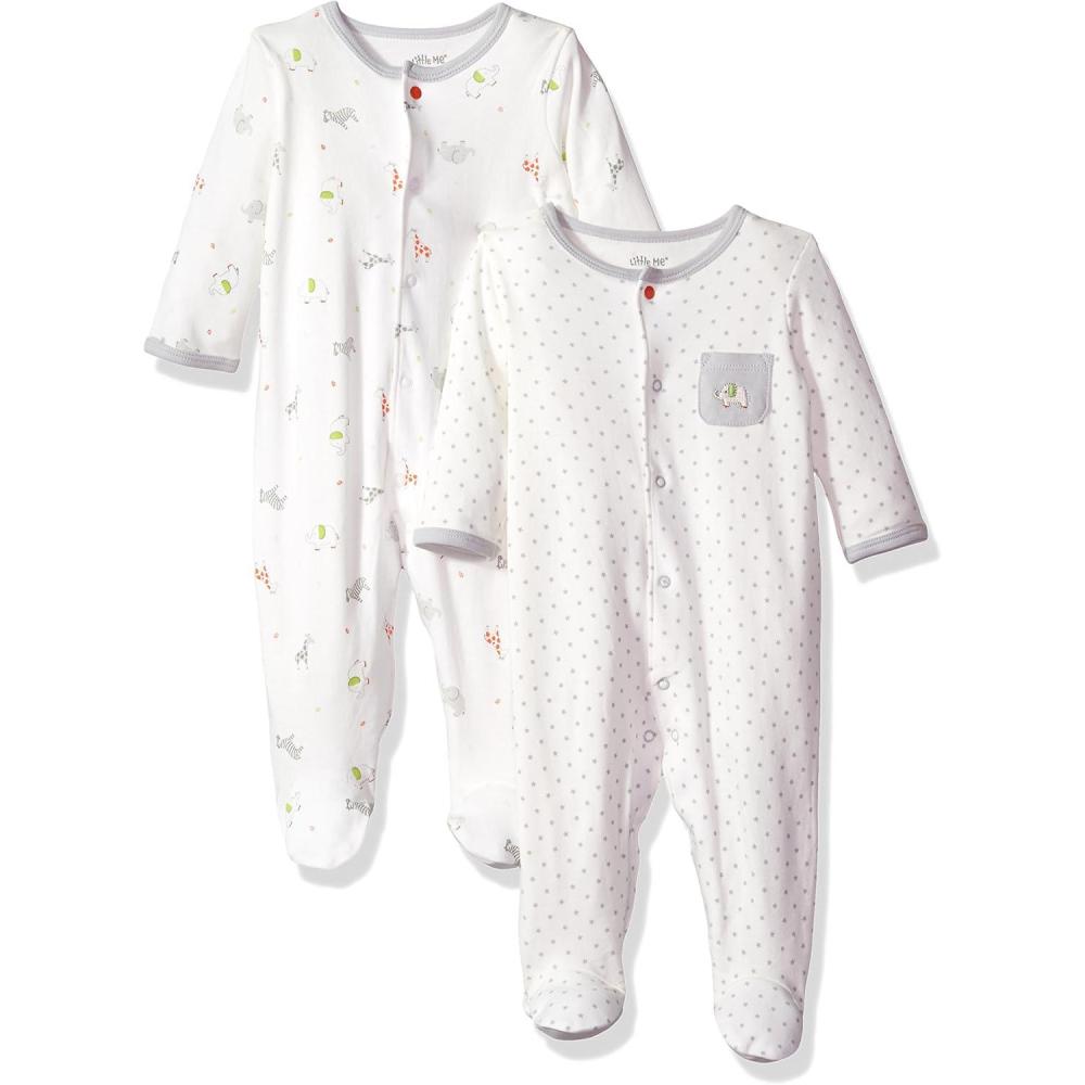 imageLittle Me Clothes for Baby Boys and Girls 100 Cotton ScratchFree Tag Footed 2Pack Rompers Sleeper Preemie to 9 MonthsWhiteMulti
