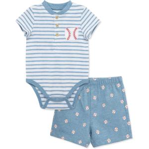 Little Me Clothes for Baby Boys’ Knit Short and Bodysuit Set, 3 Months – 12 Months(Blue Baseball)