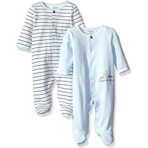Little Me Clothes for Baby Boys’ and Girls’ 100% Cotton Scratch-Free Tag Footed 2-Pack Rompers Sleeper, Preemie to 9 Months(Blue Stripe)