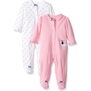 Little Me Clothes for Baby Boys’ and Girls’ 100% Cotton Scratch-Free Tag Footed 2-Pack Rompers Sleeper, Preemie to 9 Months(Pink/Multi)