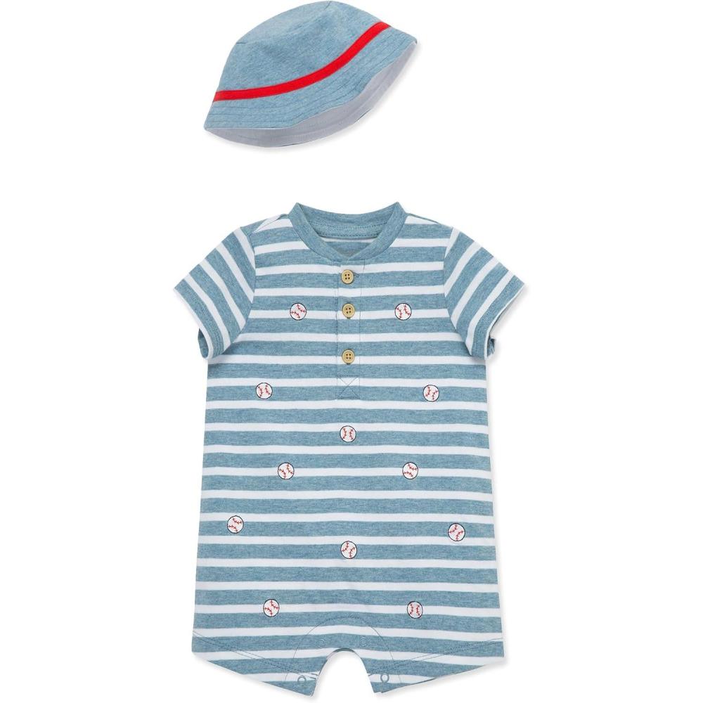 imageLittle Me Clothes for Baby Boys Soft Cotton Short Sleeve Romper TShirt and Coordinating Hat Set 3 to 12 Months