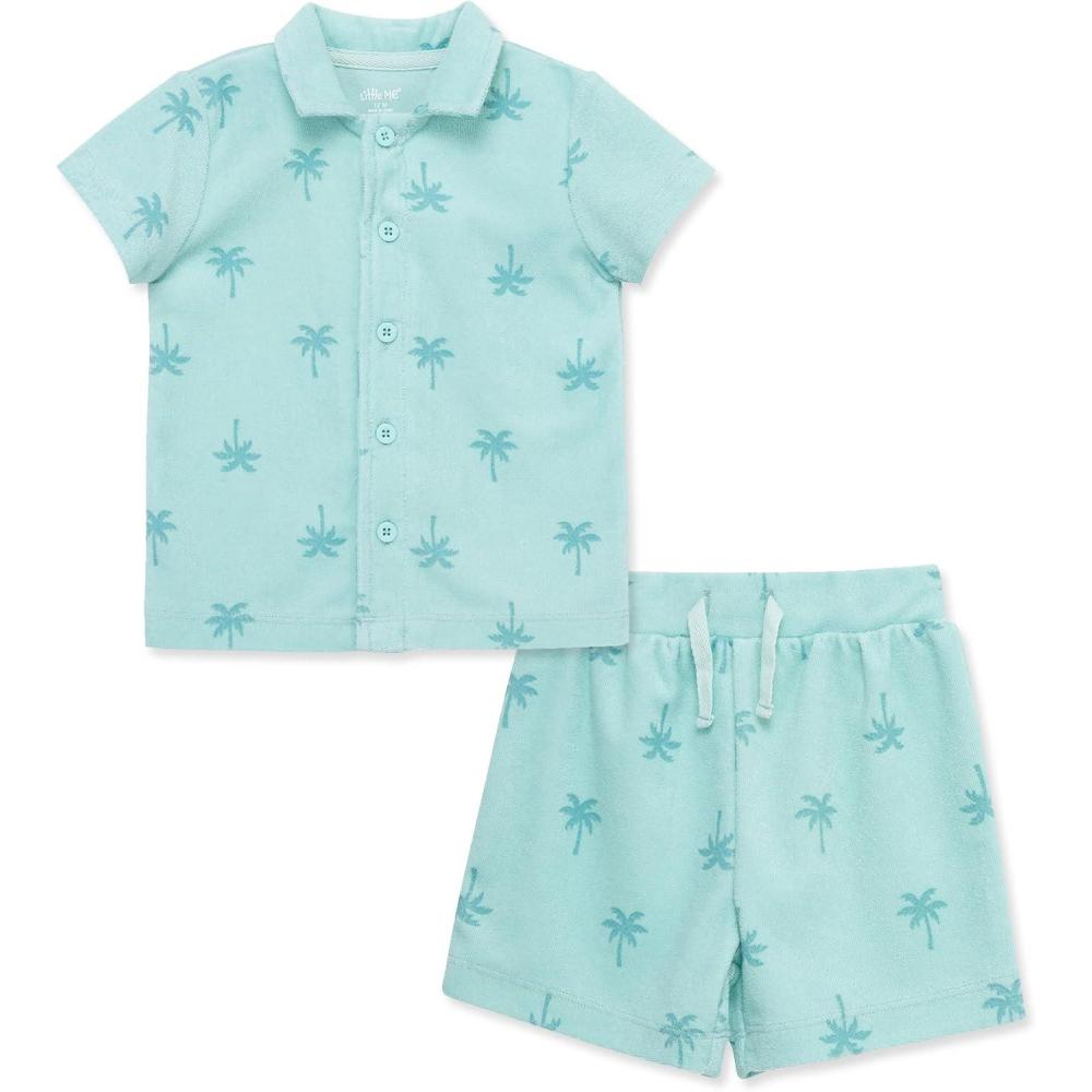 imageLittle Me Clothes for Baby Boys Terry Short and Polo Shirt Set 12 Months 4 ToddlerEggshell Blue Palm Tree